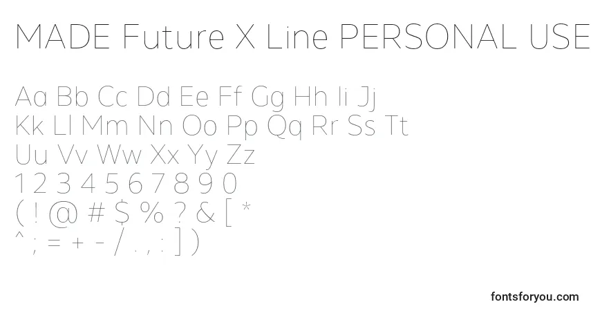A fonte MADE Future X Line PERSONAL USE – alfabeto, números, caracteres especiais
