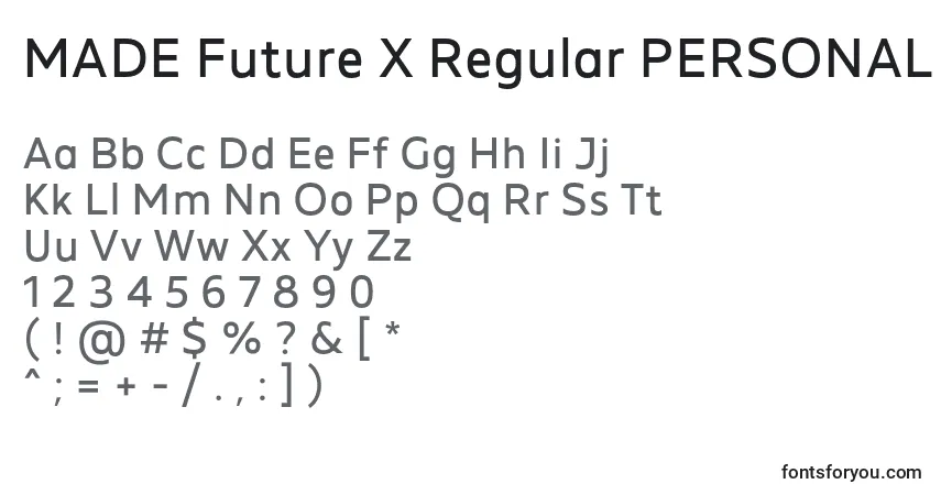 A fonte MADE Future X Regular PERSONAL USE – alfabeto, números, caracteres especiais