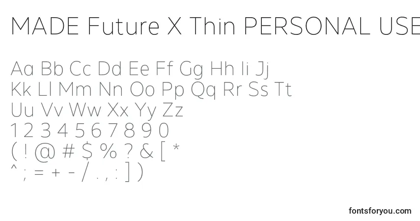 Czcionka MADE Future X Thin PERSONAL USE – alfabet, cyfry, specjalne znaki