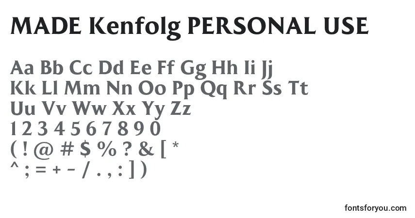 A fonte MADE Kenfolg PERSONAL USE – alfabeto, números, caracteres especiais