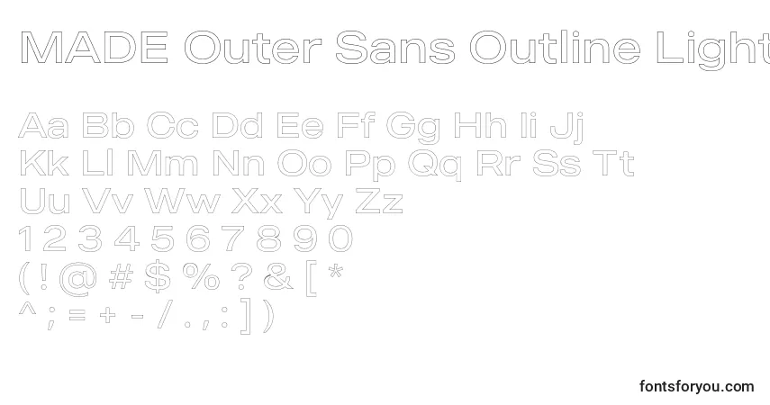 A fonte MADE Outer Sans Outline Light PERSONAL USE – alfabeto, números, caracteres especiais