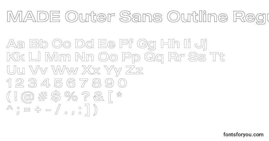A fonte MADE Outer Sans Outline Regular PERSONAL USE – alfabeto, números, caracteres especiais