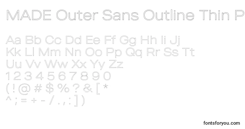 Шрифт MADE Outer Sans Outline Thin PERSONAL USE – алфавит, цифры, специальные символы