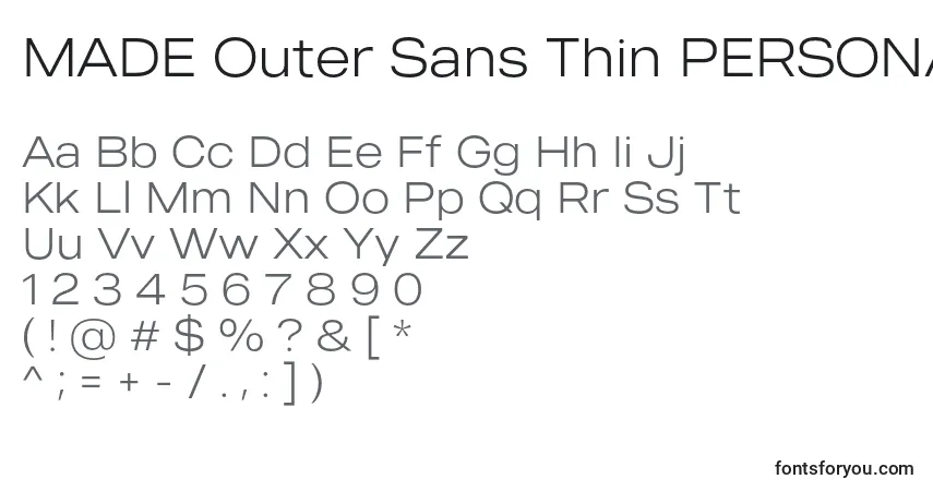 Schriftart MADE Outer Sans Thin PERSONAL USE – Alphabet, Zahlen, spezielle Symbole