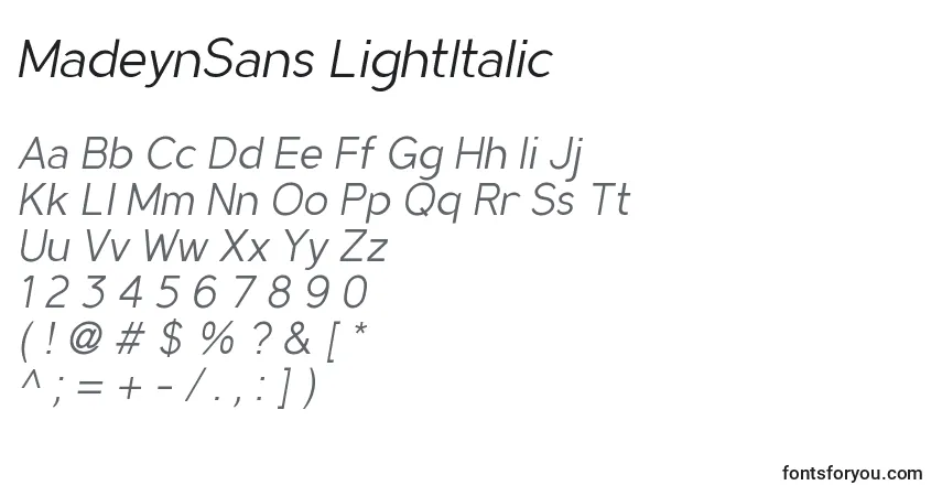A fonte MadeynSans LightItalic – alfabeto, números, caracteres especiais