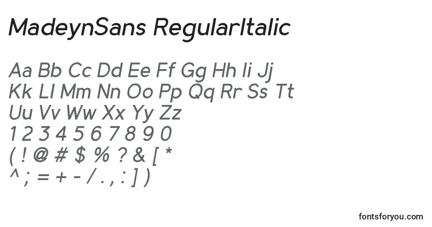 A fonte MadeynSans RegularItalic – alfabeto, números, caracteres especiais