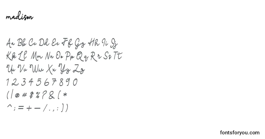 Czcionka Madison (133291) – alfabet, cyfry, specjalne znaki