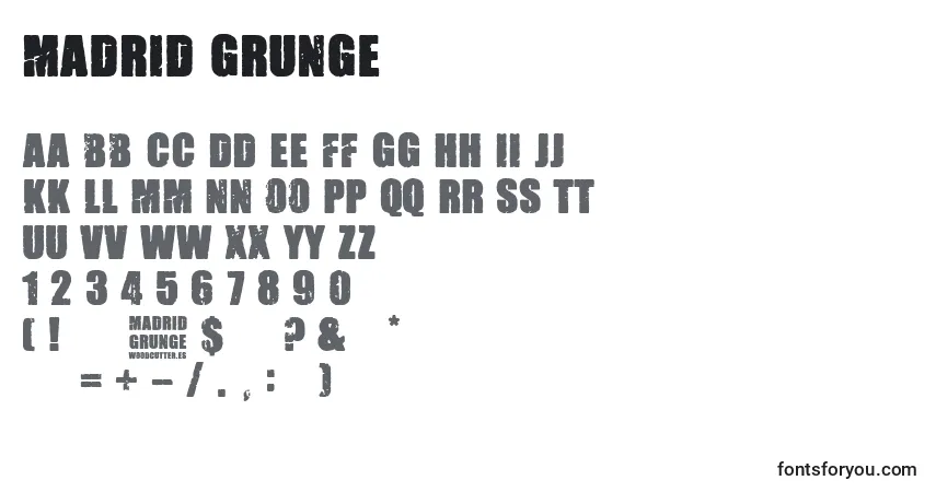 A fonte Madrid Grunge – alfabeto, números, caracteres especiais
