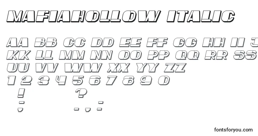 Schriftart MafiaHollow Italic – Alphabet, Zahlen, spezielle Symbole