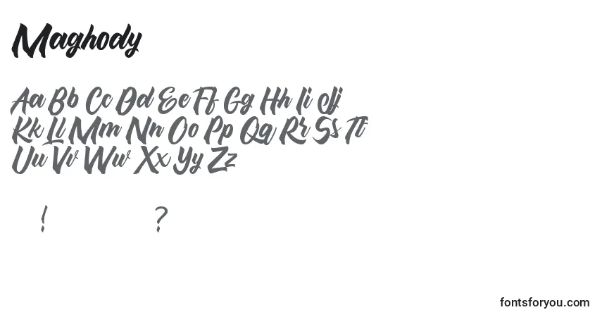 Schriftart Maghody – Alphabet, Zahlen, spezielle Symbole