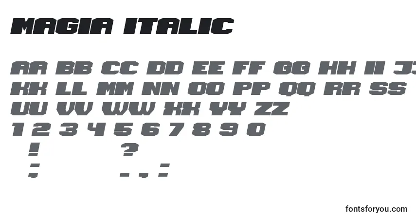 Schriftart Magia Italic – Alphabet, Zahlen, spezielle Symbole