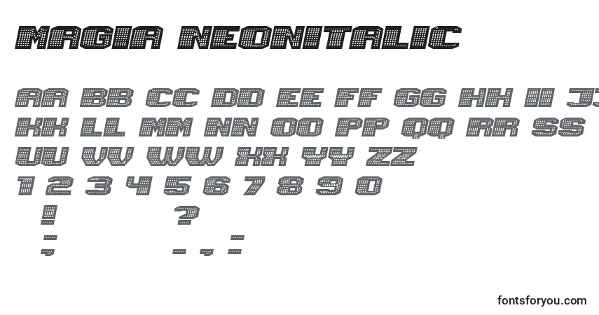 Schriftart Magia NeonItalic – Alphabet, Zahlen, spezielle Symbole