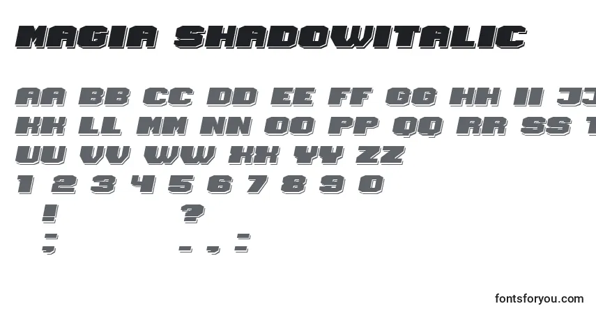 Шрифт Magia ShadowItalic – алфавит, цифры, специальные символы