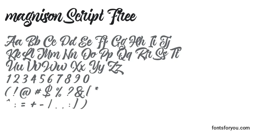 A fonte Magnison Script Free – alfabeto, números, caracteres especiais