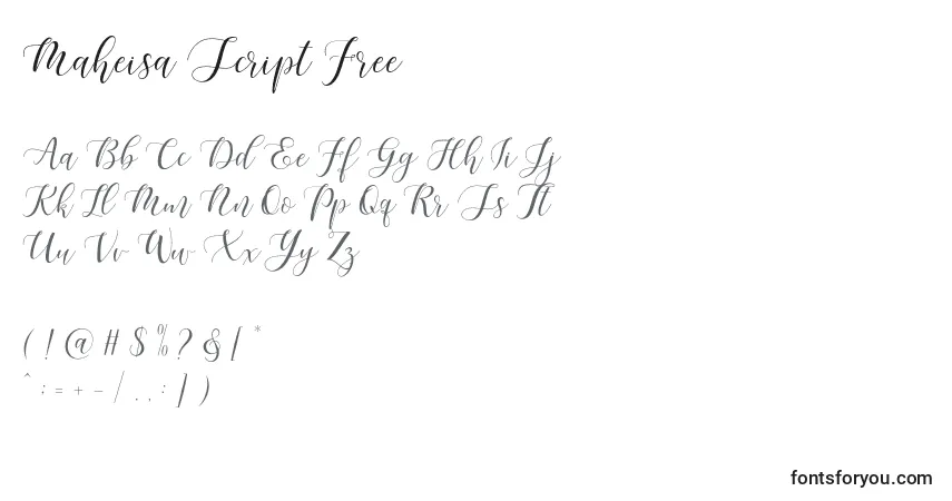 A fonte Maheisa Script Free – alfabeto, números, caracteres especiais