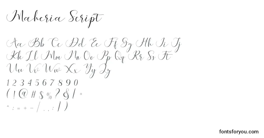 A fonte Maheria Script – alfabeto, números, caracteres especiais