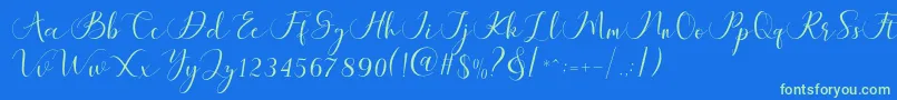 Maheria Script-Schriftart – Grüne Schriften auf blauem Hintergrund