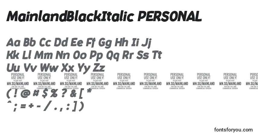 Czcionka MainlandBlackItalic PERSONAL – alfabet, cyfry, specjalne znaki