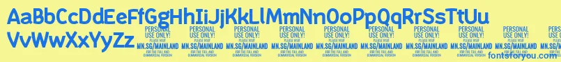 MainlandBold PERSONALフォントについての詳細 フォントMainlandBold PERSONAL – 青い文字が黄色の背景にあります。