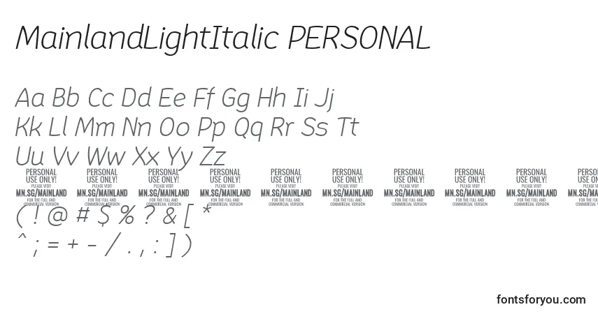 A fonte MainlandLightItalic PERSONAL – alfabeto, números, caracteres especiais