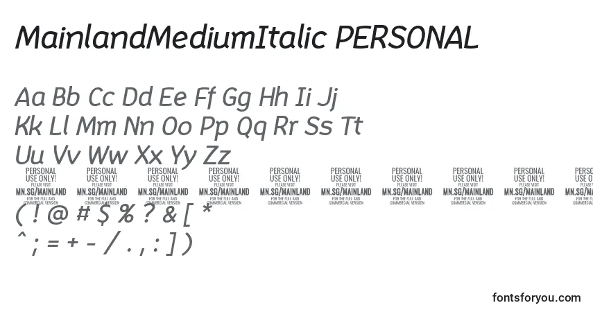 A fonte MainlandMediumItalic PERSONAL – alfabeto, números, caracteres especiais