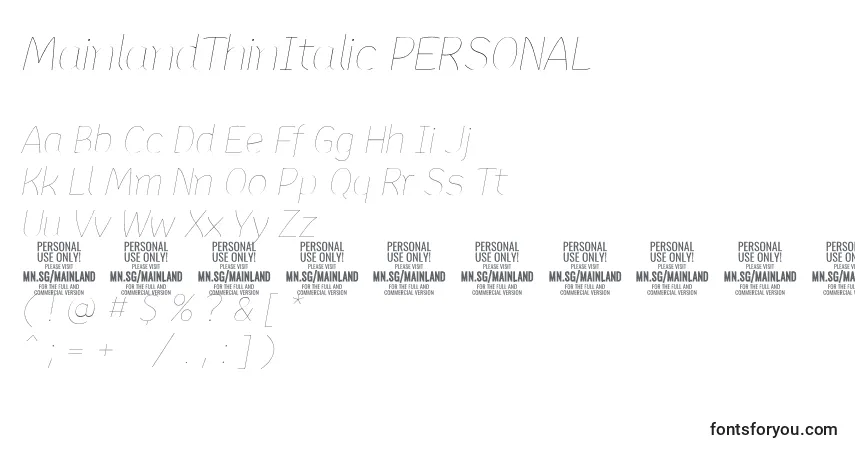 Шрифт MainlandThinItalic PERSONAL – алфавит, цифры, специальные символы