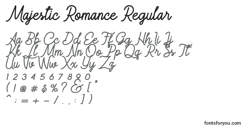 Schriftart Majestic Romance Regular – Alphabet, Zahlen, spezielle Symbole