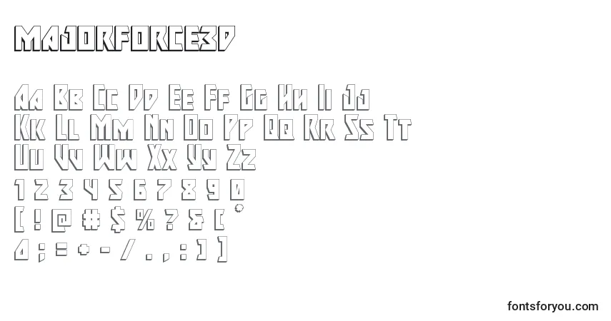 Schriftart Majorforce3d (133422) – Alphabet, Zahlen, spezielle Symbole