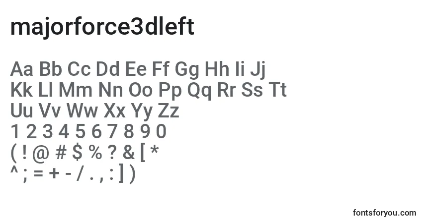 Schriftart Majorforce3dleft (133424) – Alphabet, Zahlen, spezielle Symbole