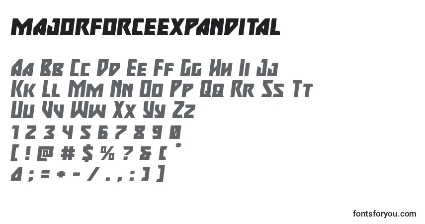 Schriftart Majorforceexpandital (133432) – Alphabet, Zahlen, spezielle Symbole