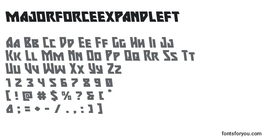 A fonte Majorforceexpandleft (133433) – alfabeto, números, caracteres especiais