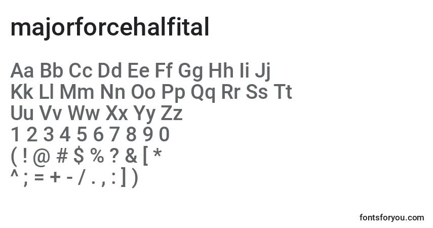 Schriftart Majorforcehalfital (133438) – Alphabet, Zahlen, spezielle Symbole