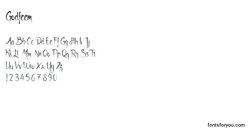 Czcionka Godfeem – alfabet, cyfry, specjalne znaki