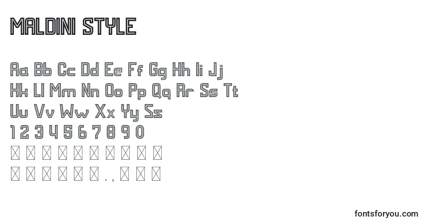 A fonte MALDINI STYLE – alfabeto, números, caracteres especiais
