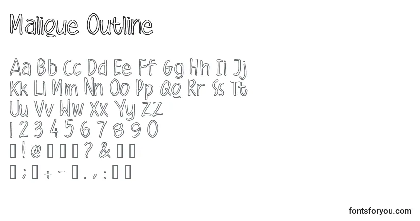 Schriftart Malique Outline – Alphabet, Zahlen, spezielle Symbole
