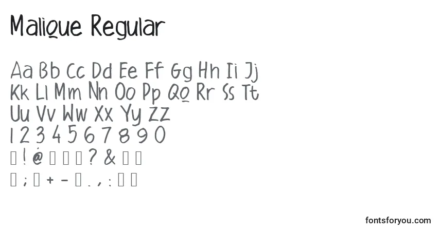 Schriftart Malique Regular – Alphabet, Zahlen, spezielle Symbole