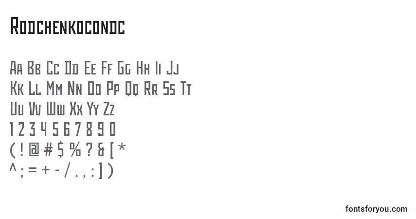 Czcionka Rodchenkocondc – alfabet, cyfry, specjalne znaki
