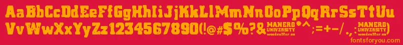 Czcionka Manero University – pomarańczowe czcionki na czerwonym tle