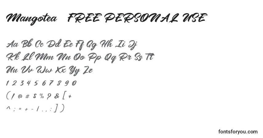 Schriftart Mangotea   FREE PERSONAL USE (133519) – Alphabet, Zahlen, spezielle Symbole