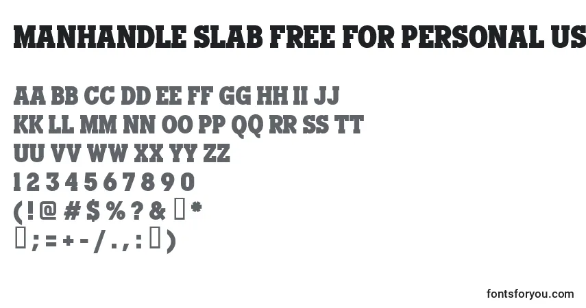 Fuente Manhandle Slab FREE FOR PERSONAL USE ONLY (133521) - alfabeto, números, caracteres especiales