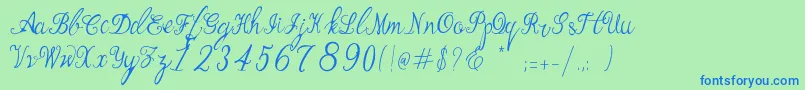 フォントManhattan Script – 青い文字は緑の背景です。