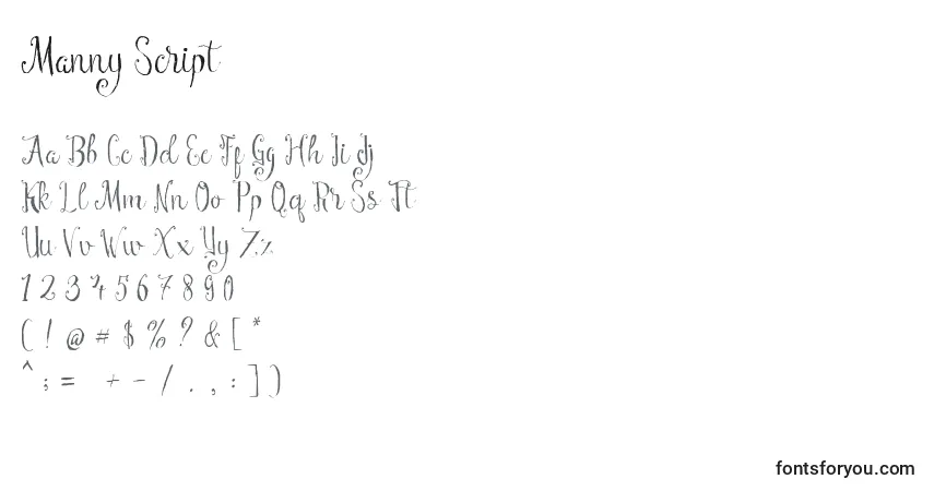 Schriftart Manny Script – Alphabet, Zahlen, spezielle Symbole
