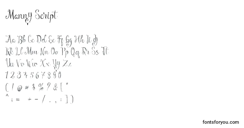 Schriftart Manny Script (133534) – Alphabet, Zahlen, spezielle Symbole