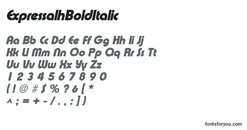 A fonte ExpressalhBoldItalic – alfabeto, números, caracteres especiais