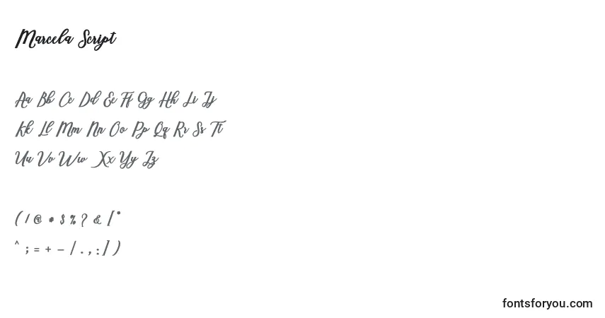 Marcela Script-fontti – aakkoset, numerot, erikoismerkit