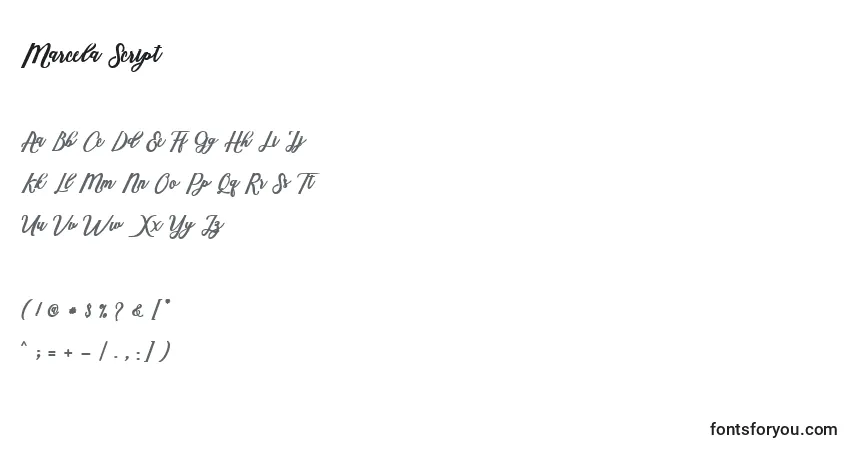 A fonte Marcela Script (133559) – alfabeto, números, caracteres especiais