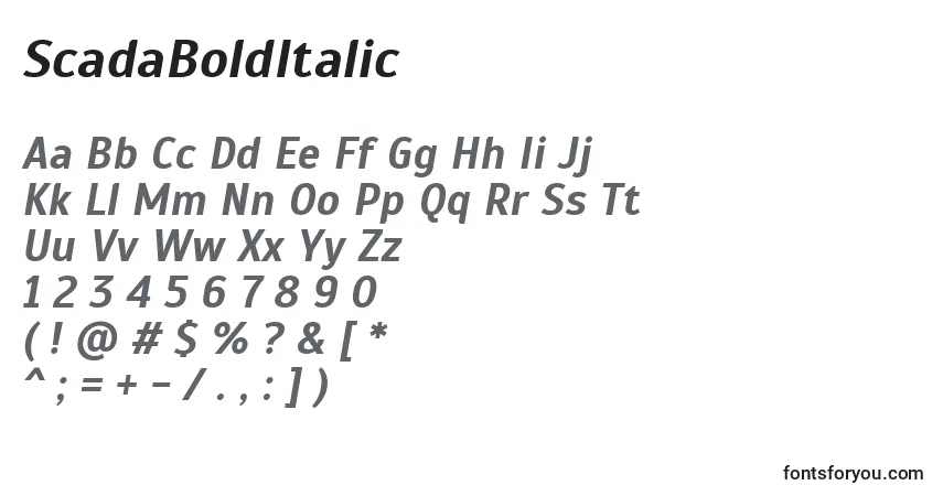 A fonte ScadaBoldItalic – alfabeto, números, caracteres especiais
