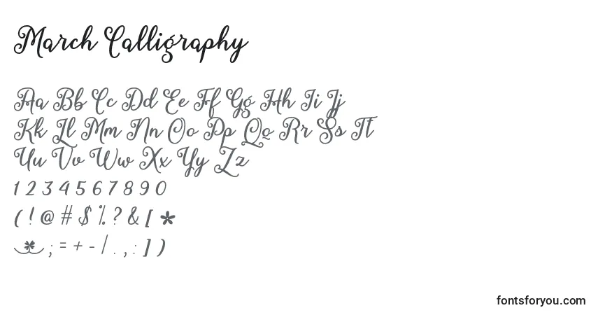 A fonte March Calligraphy   – alfabeto, números, caracteres especiais