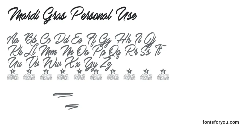 A fonte Mardi Gras Personal Use – alfabeto, números, caracteres especiais