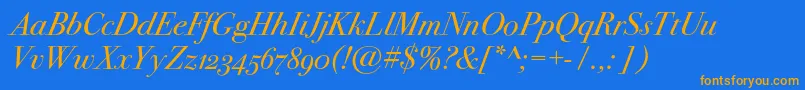 フォントBodoni72oscItalic – オレンジ色の文字が青い背景にあります。